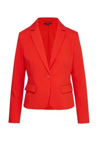 Red blazer with a single button closure, notched lapels, and two front pockets. Smooth fabric, tailored fit, modern design.