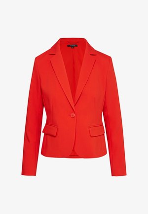Roter Blazer mit einem einzigen Knopfverschluss, mit Reverskragen und zwei vorderen Taschen. Glattes Material, taillierte Passform, modernes Design.