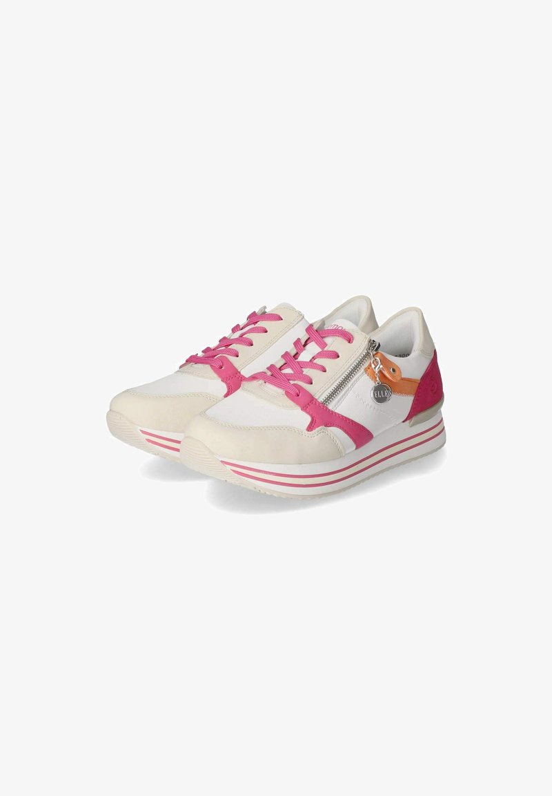 Witte en roze sneakers met een getextureerde bovenkant, roze veters, een zijrits en een gekleurde accent op de hiel; voorzien van een gestreepte rubberen zool.