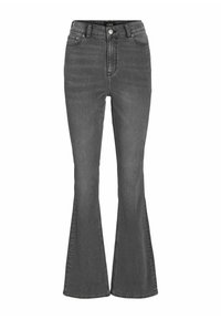 Jeans a vita alta a palazzo in denim grigio scuro, con una texture liscia, design a cinque tasche e chiusura con cerniera e bottone.