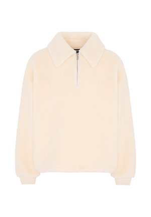 Maglione in pile color crema con maniche lunghe, colletto largo e chiusura frontale con mezza zip, caratterizzato da polsini a coste.