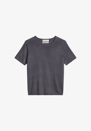 Donkergrijze fijngebreide trui met korte mouwen en een ronde hals, met een rechte zoom en het label "Marc O'Polo" aan de binnenkant van de kraag.