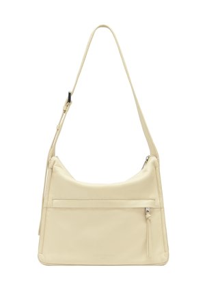 Cremfarbene Leder-Schultertasche mit einem einzelnen verstellbaren Trageriemen, Reißverschluss oben, Fronttasche und minimalistischem Design. Glatte Oberfläche, rechteckige Form.