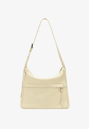 Cremfarbene Leder-Schultertasche mit einem einzelnen verstellbaren Trageriemen, Reißverschluss oben, Fronttasche und minimalistischem Design. Glatte Oberfläche, rechteckige Form.