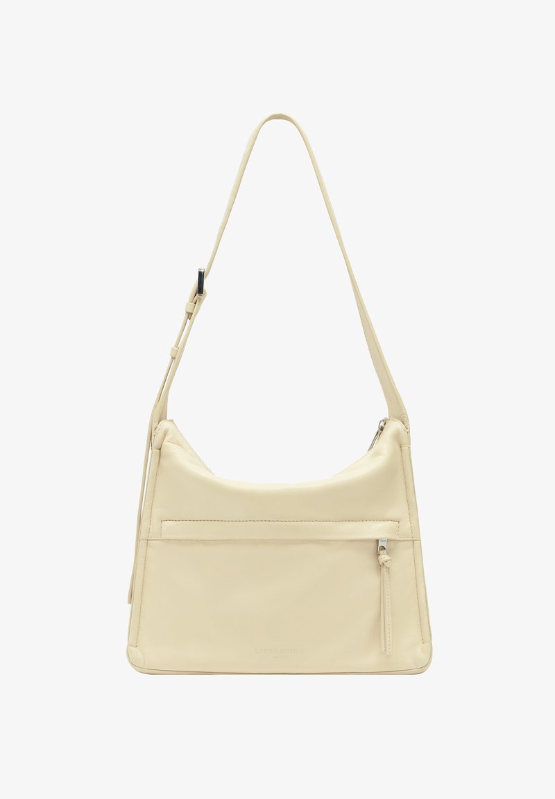 Cremfarbene Leder-Schultertasche mit einem einzelnen verstellbaren Trageriemen, Reißverschluss oben, Fronttasche und minimalistischem Design. Glatte Oberfläche, rechteckige Form.