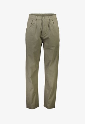 Olivenfarbene, gefaltete Hosen aus Baumwolle mit Knopfverschluss, geraden Beinen und einer glatten Textur.