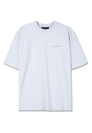 Light blue short-sleeve t-shirt made of cotton, featuring a round neckline and a subtle printed logo in gray on the left chest area.