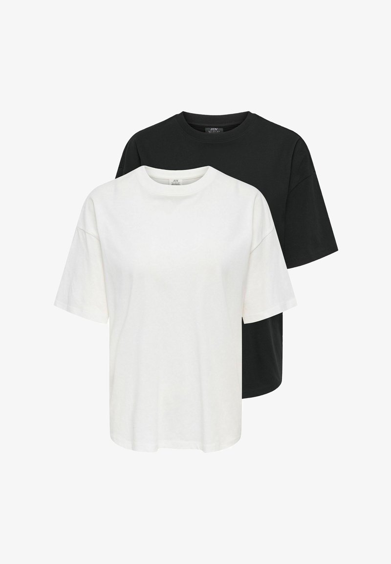 Deux T-shirts oversize unis, un blanc à l'avant et un noir à l'arrière, tous deux à col rond et manches courtes.