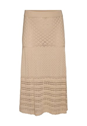 Béžová pletená midi sukně se třemi odlišnými krajkovými vzory, elastickým pasem a mírně rozšířeným lemováním.