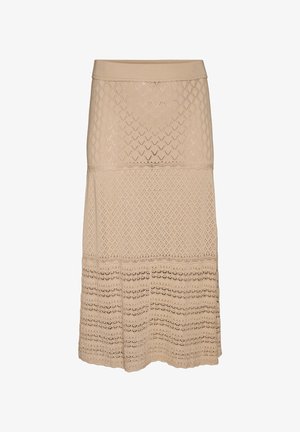 Béžová pletená midi sukňa s tromi rôznymi čipkovými vzormi, elastickým pásom a mierne rozšíreným lemom.