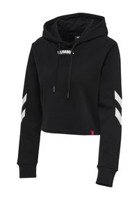 Felpa corta nera realizzata in un mix di cotone; presenta un cappuccio, cordini, logo bianco sul petto e pattern a chevron bianchi sulle maniche.