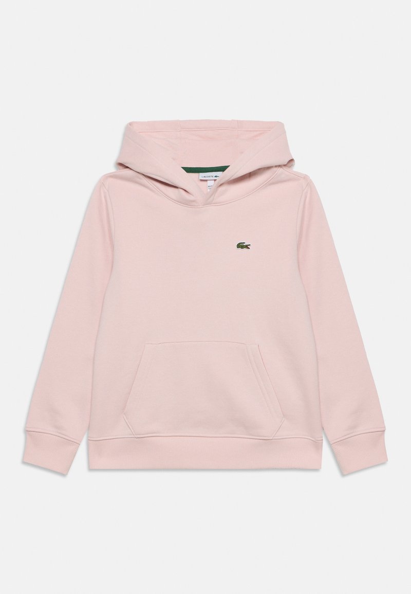 Sweat à capuche rose clair avec poche avant et petit logo crocodile vert sur la poitrine gauche.