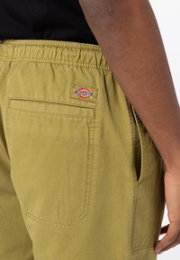 Detailní záběr na osobu v olivově zelených šortkách Dickies s elastickým pasem a zadní kapsou, ruka odložená poblíž boční kapsy.