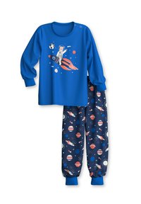 Blue cotton long-sleeve top with space graphic and pants featuring a colorful celestial pattern. Includes elastic cuffs and waistband.
