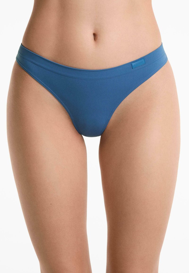Blå bikiniunderdelar i slät tyg, med en bred midjeband och minimal täckning, med en sömlös design och utan synliga sömmar.
