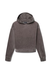 Grauer, kurz geschnittener Kapuzenpullover aus geripptem Stoff, mit einer verstellbaren Kapuze, langen Ärmeln und einer weichen Textur.