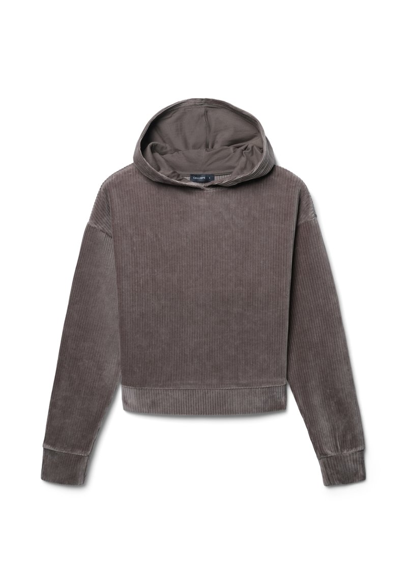 Grauer, kurz geschnittener Kapuzenpullover aus geripptem Stoff, mit einer verstellbaren Kapuze, langen Ärmeln und einer weichen Textur.