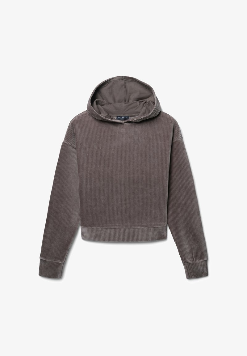 Grauer, kurz geschnittener Kapuzenpullover aus geripptem Stoff, mit einer verstellbaren Kapuze, langen Ärmeln und einer weichen Textur.