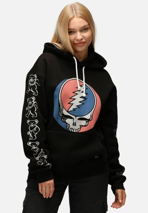 Black hooded sweatshirt featuring a central colorful skull graphic, white drawstrings, and subtle bear illustrations along the sleeves.