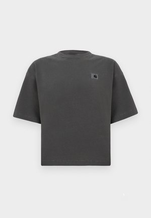 T-shirt oversize a maniche corte di colore grigio scuro con scollo a girocollo e piccola toppa con il logo Carhartt sul petto a sinistra.