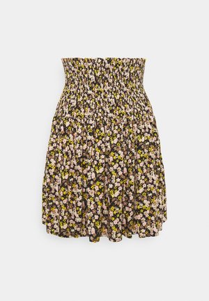 Jupe fleurie taille haute avec ceinture smockée, ornée de petites fleurs roses, jaunes et blanches sur fond noir.