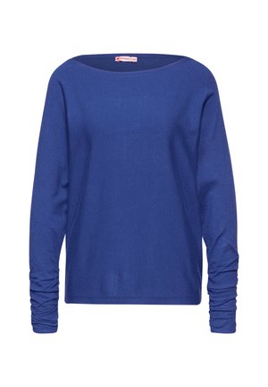 Maglietta a maniche lunghe di un blu profondo, con ampio scollo rotondo, vestibilità comoda e dettagli arricciati sulle maniche. Tessuto morbido.