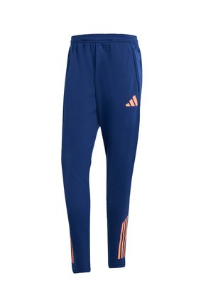 Pantaloni sportivi navy realizzati in tessuto morbido, dotati di vita elasticizzata e dettagli laterali con tre strisce arancioni.