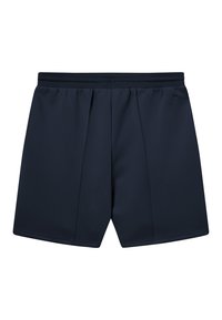 Navy blue athletic shorts with an elastic waistband, featuring a smooth texture and two pleats at the front for added design detail.