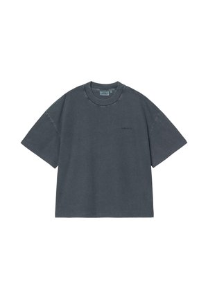 T-shirt oversize grigio scuro a maniche corte con scollo rotondo e piccolo logo discreto sul petto su sfondo bianco.