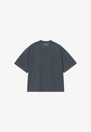 Mørkegrå oversized T-shirt med korte ærmer, rund halsudskæring og lille diskret logo på brystet mod en hvid baggrund.