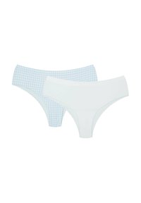 Dwie pary damskiej bielizny: jedna jednolita biała, druga jasno-niebieska w kraciasty wzór. Miękka tkanina, styl bikini, bezszwowe krawędzie.