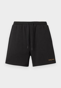 Μαύρο σορτς από μαλακό ύφασμα, με ελαστική μέση και κορδόνι, και μικρό πορτοκαλί λογότυπο "TOMMYJEANS" στο κάτω μέρος.