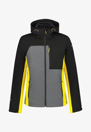 Giacca isolante con cappuccio, design a blocchi di colore con pannelli neri, grigi e gialli, tasche con zip e collo regolabile.