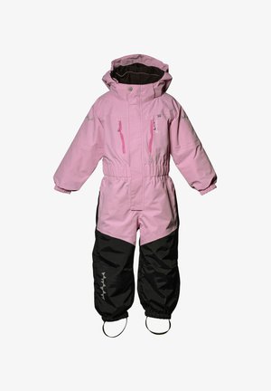 Lyserød og sort isoleret vinterdragt med hætte, der har lynlåslommer, elastisk talje og justerbare mansjetter med støvlesnore.