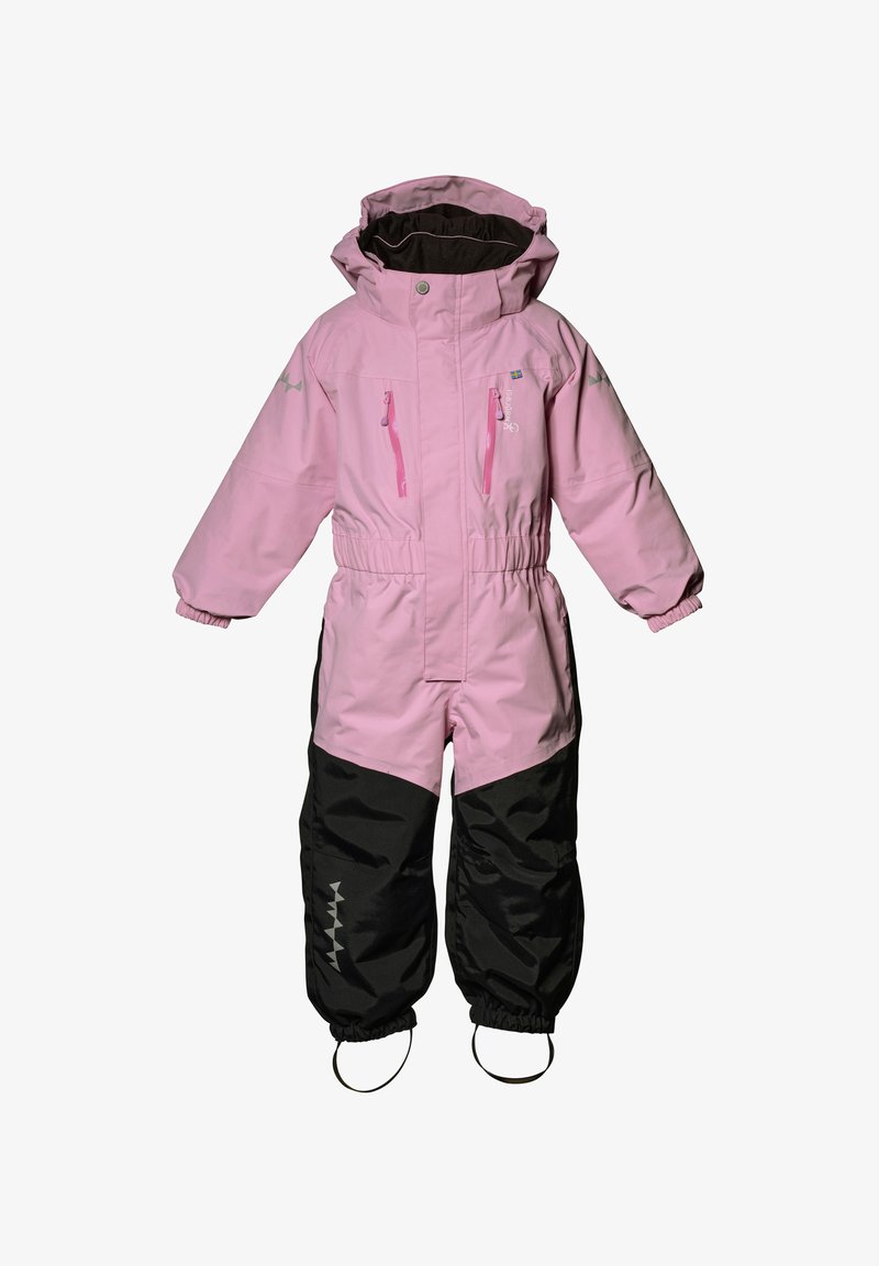 Pinky och svarts isolerad overall med huva, som har dragkedjefickor, elastisk midja och justerbara ärmslut med stövlar.