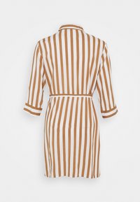 Robe midi à rayures verticales marron et blanches, manches 3/4, col et ceinture à la taille, vue de dos sur un fond uni.