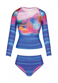 Longsleeve'owy top do pływania oraz zestaw bikini w kolorze niebieskim z kolorowym tropikalnym nadrukiem, z okrągłym dekoltem i teksturą w paski.