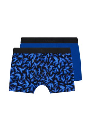 Deux paires de boxers pour hommes : un modèle bleu uni avec ceinture noire, un noir avec motif floral bleu et ceinture noire, posés à plat.