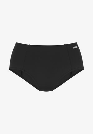 Zwarte hoge taille zwemonderbroek gemaakt van gladde, rekbare stof. Kenmerkt zich door een zijlabel voor branding en een elegante, minimalistische stijl.