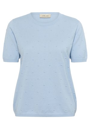 Ljusblå stickad t-shirt med korta ärmar, prydd med ett strukturerat mönster av små upphöjda prickar, rund halsringning och sprund i nederkant.