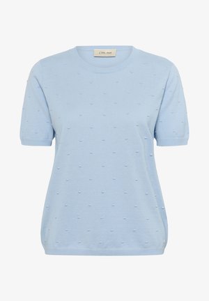 Lichtblauw gebreid T-shirt met korte mouwen, voorzien van een textuurpatroon van kleine verhoogde stippen, ronde halslijn en zijsplitten aan de zoom.