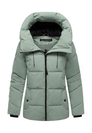 Grüne Puffjacke mit hohem Kragen, gestepptem Design, schwarzem Innenfutter, Reißverschluss vorne, Kordelzugkapuze und Seitentaschen.
