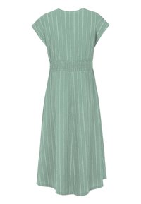Hellgrünes Midikleid mit weißen vertikalen Streifen, kurzen Ärmeln und einem gerafften elastischen Taillenbund.