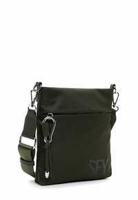 Dark green crossbody bag made from textured fabric, featuring a front zipper pocket, adjustable strap, and silver-tone hardware accents.
