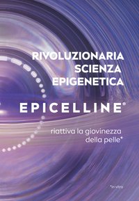 Sfondo turbinante viola e blu con testo bianco in grassetto: "RIVOLUZIONARIA SCIENZA EPIGENETICA EPICELLINE," e tagline sottostante.