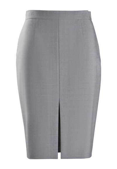 Fustă gri din creion, cu o textură netedă, până la genunchi, având o deschidere frontală pentru ușurința mișcării și detalii pe cusăturile laterale.