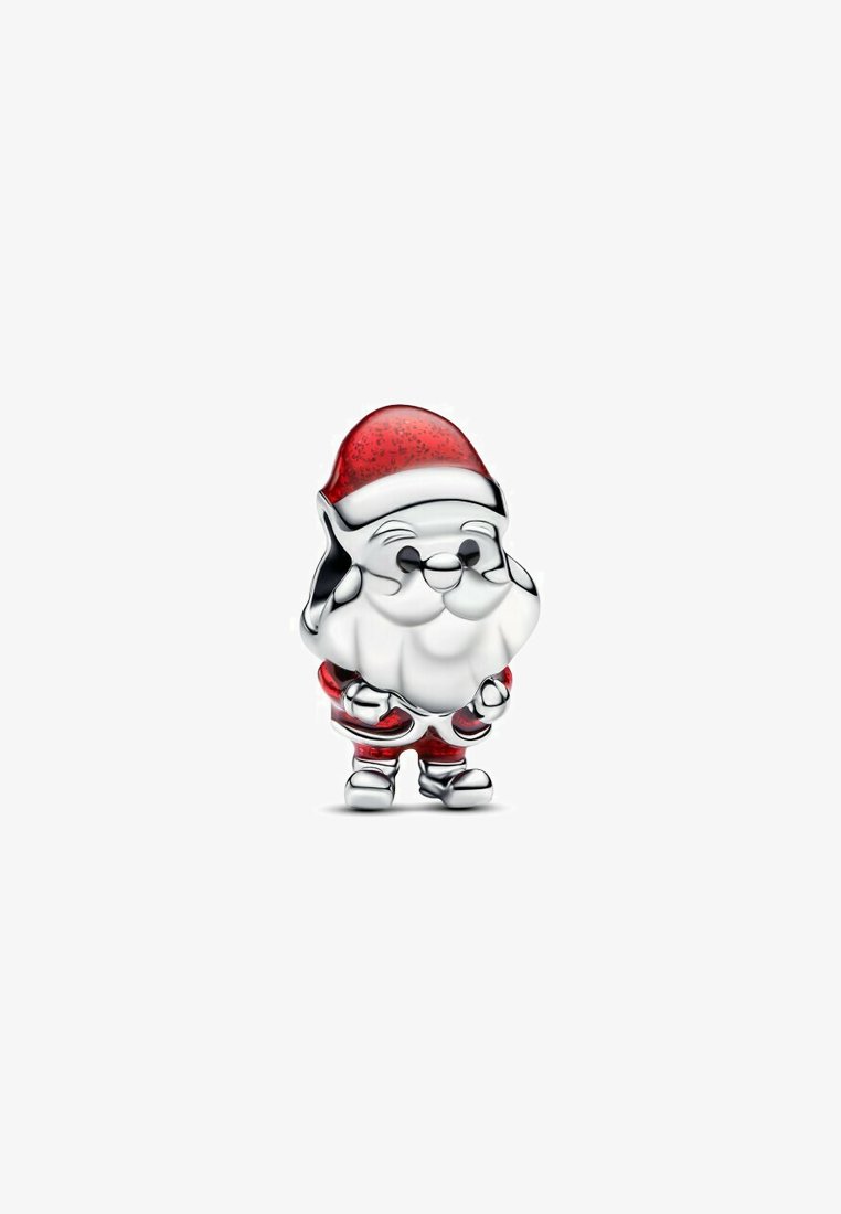 Srebrni charm, ki prikazuje figure Santa, z rdečo kapico in oblačilom s belimi robovi, nasmejanim izrazom in podrobnimi obraznimi značilnostmi.
