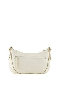 Borsa a spalla in pelle crema con una silhouette curva, tasca frontale con zip e tracolla regolabile. Texture liscia con dettagli di cucitura sottili.