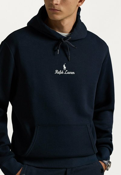 Felpa con cappuccio blu navy in misto cotone, con tasca a marsupio, cappuccio con coulisse e logo "Ralph Lauren" ricamato con emblema a cavallo.