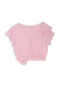 Blusa rosa corta con maniche corte a volants e vita arricciata. Presenta una cerniera posteriore e un piccolo tag con logo vicino al collo.